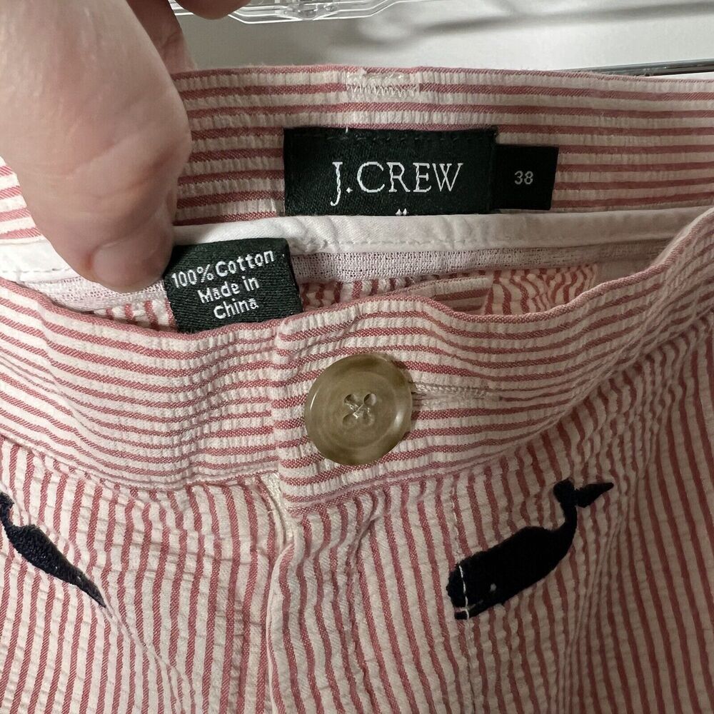 J Crew Chino Shorts‎ Mens 38 Seersucker Embroidered Whales Stripe Cotton Preppy - Picture 3 of 10